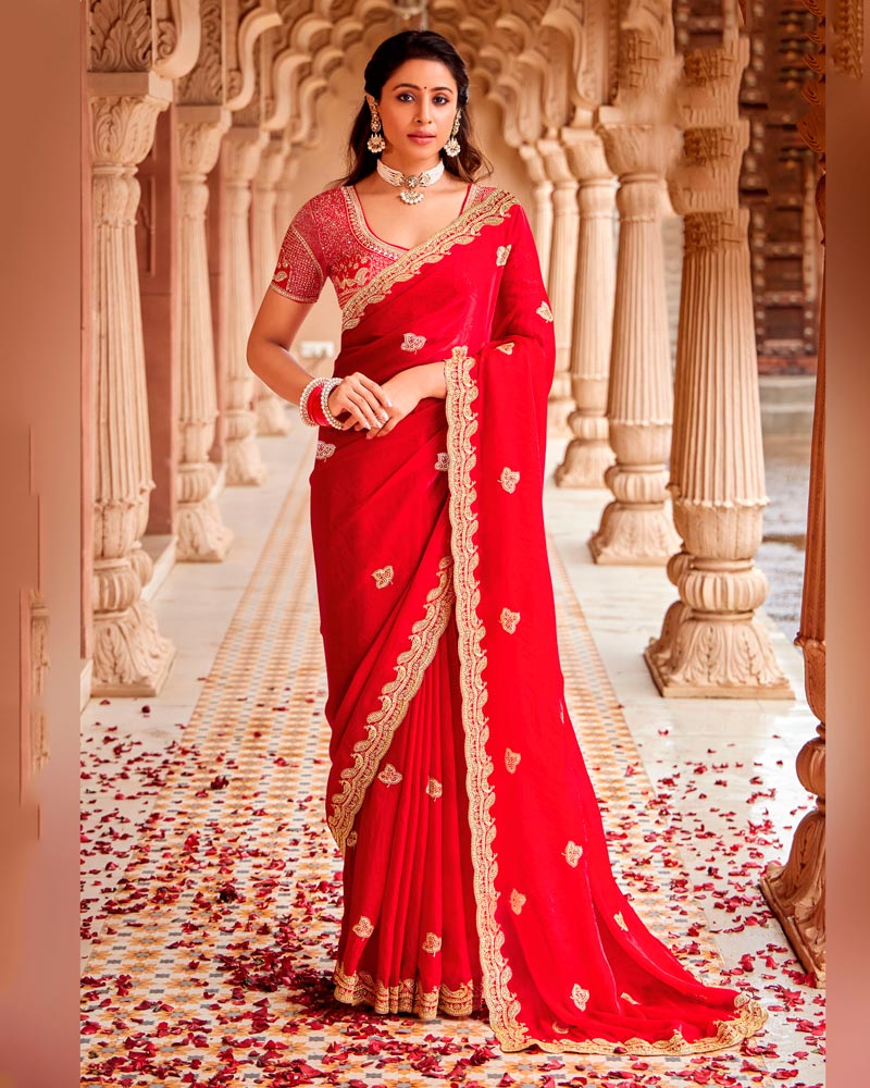 Bright Red Designer Fancy Satin Saree With Zari-Embroidery-Diamond Work And Cut Work Border