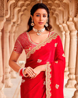 Bright Red Designer Fancy Satin Saree With Zari-Embroidery-Diamond Work And Cut Work Border