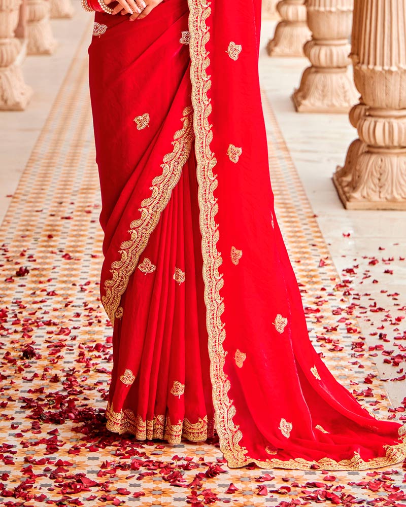 Bright Red Designer Fancy Satin Saree With Zari-Embroidery-Diamond Work And Cut Work Border