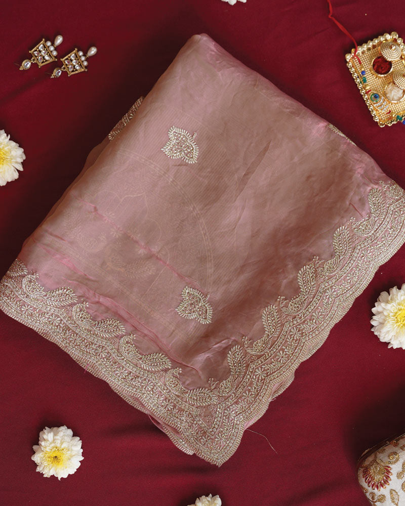 Vishal Prints Faded Pink Designer Fancy Satin Saree With Embroidery-Diamond Work And Cut Work Border