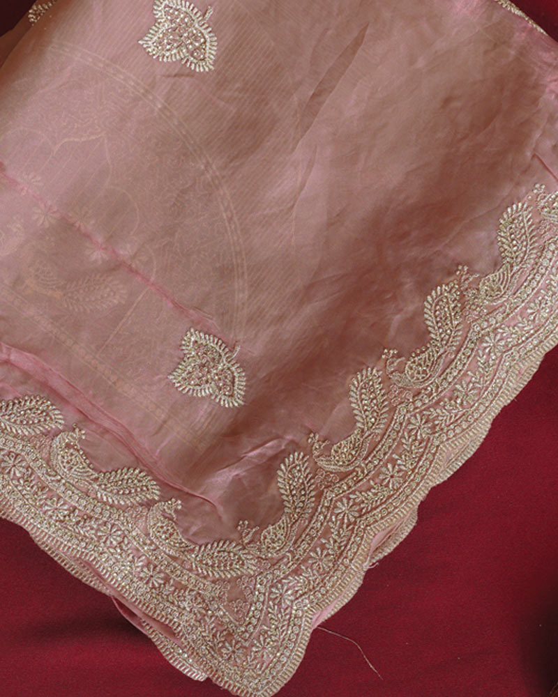 Vishal Prints Faded Pink Designer Fancy Satin Saree With Embroidery-Diamond Work And Cut Work Border