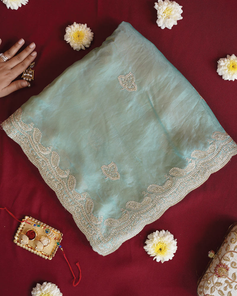 Vishal Prints Mist Green Designer Fancy Satin Saree With Embroidery-Diamond Work And Cut Work Border