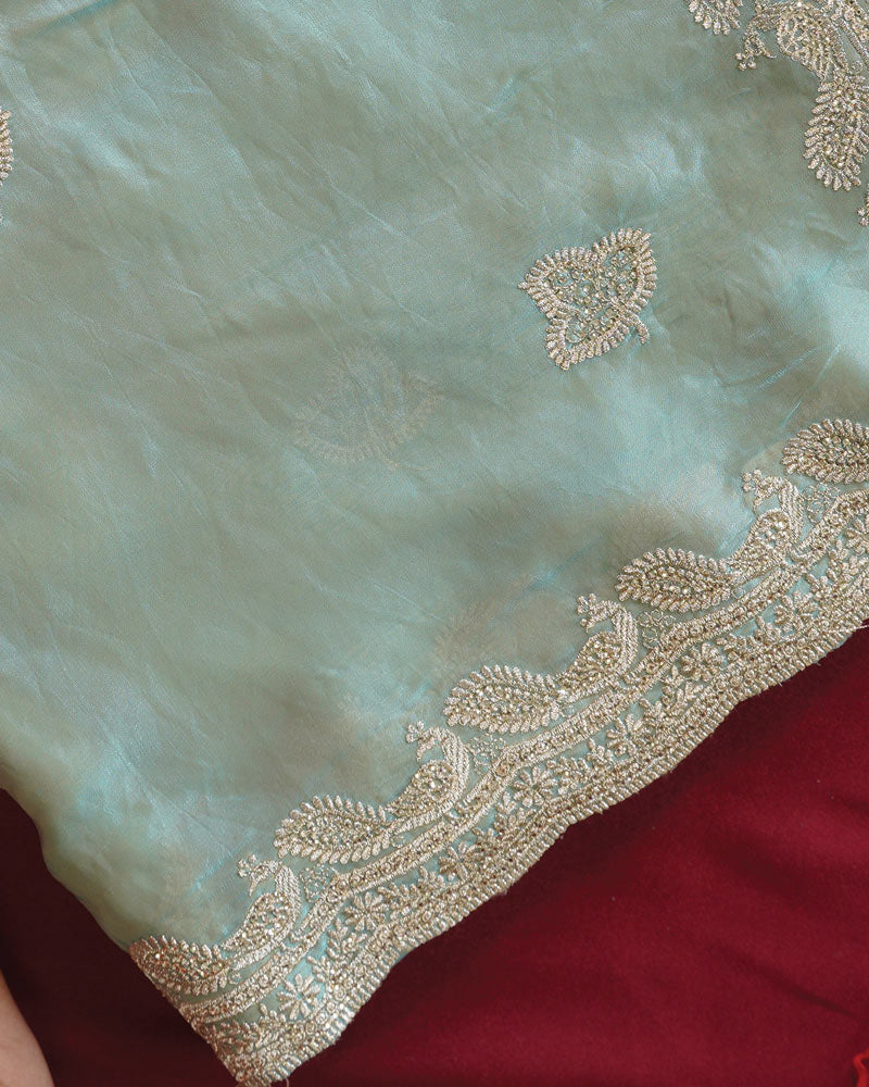 Vishal Prints Mist Green Designer Fancy Satin Saree With Embroidery-Diamond Work And Cut Work Border