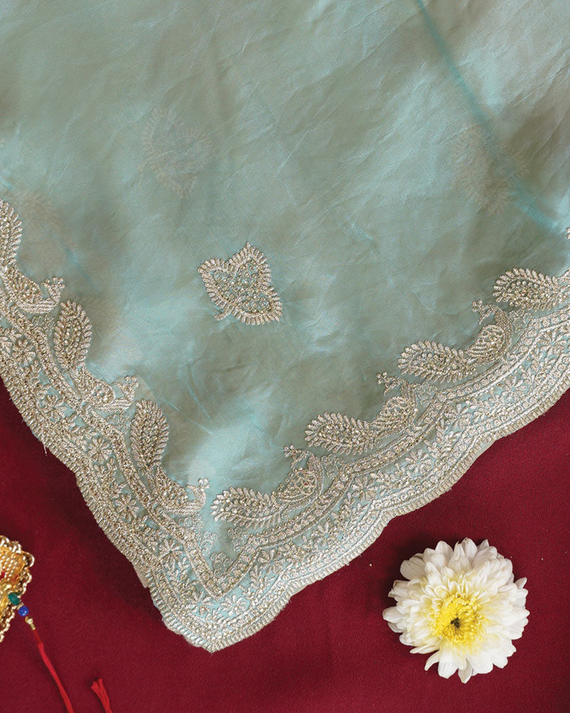 Vishal Prints Mist Green Designer Fancy Satin Saree With Embroidery-Diamond Work And Cut Work Border