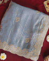 Vishal Prints Greyish Blue Designer Fancy Satin Saree With Embroidery-Diamond Work And Cut Work Border