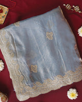 Vishal Prints Greyish Blue Designer Fancy Satin Saree With Embroidery-Diamond Work And Cut Work Border