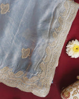 Vishal Prints Greyish Blue Designer Fancy Satin Saree With Embroidery-Diamond Work And Cut Work Border