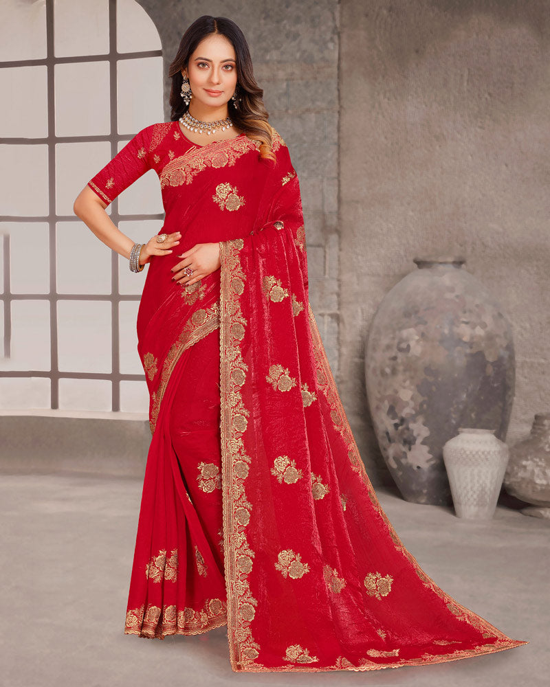 Shiraz Red Designer Fancy Satin Saree With Zari-Embroidery-Diamond Work And Cut Work Border