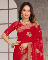 Shiraz Red Designer Fancy Satin Saree With Zari-Embroidery-Diamond Work And Cut Work Border