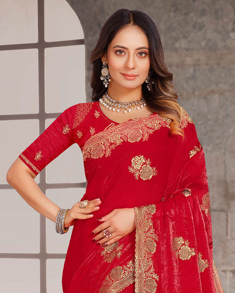 Shiraz Red Designer Fancy Satin Saree With Zari-Embroidery-Diamond Work And Cut Work Border