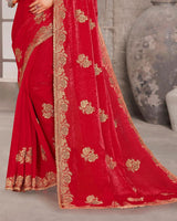 Shiraz Red Designer Fancy Satin Saree With Zari-Embroidery-Diamond Work And Cut Work Border