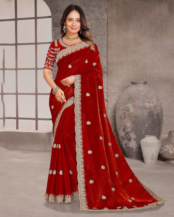Dark Burgundy Designer Fancy Satin Saree With Zari-Embroidery-Diamond Work And Cut Work Border