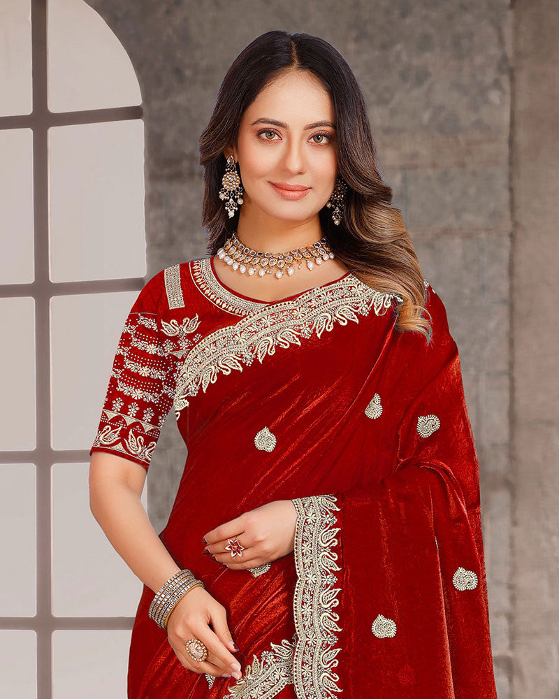 Dark Burgundy Designer Fancy Satin Saree With Zari-Embroidery-Diamond Work And Cut Work Border