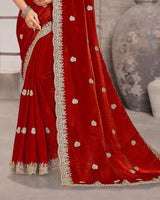 Dark Burgundy Designer Fancy Satin Saree With Zari-Embroidery-Diamond Work And Cut Work Border