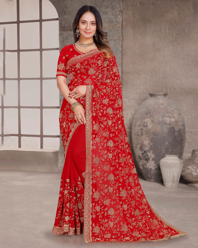 Cornell Red Designer Fancy Chiffon Saree With Zari-Embroidery-Diamond Work And Cut Work Border