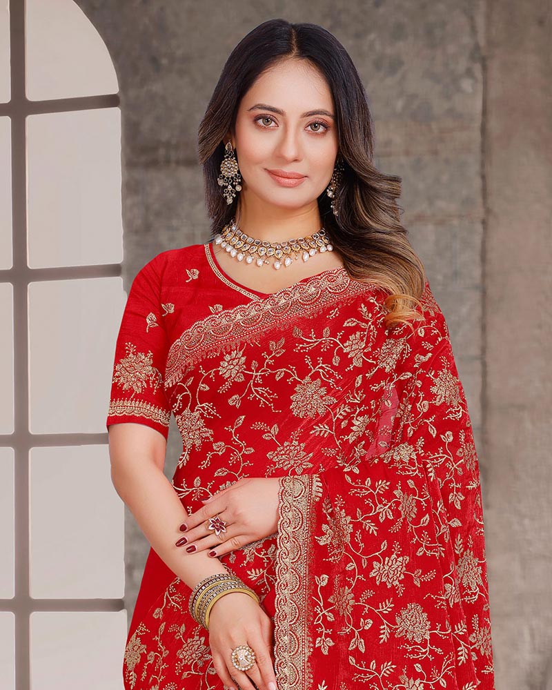 Cornell Red Designer Fancy Chiffon Saree With Zari-Embroidery-Diamond Work And Cut Work Border