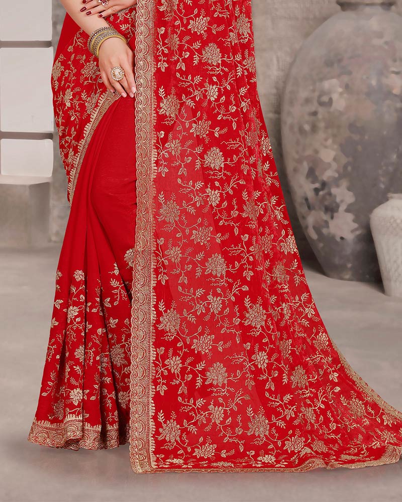Cornell Red Designer Fancy Chiffon Saree With Zari-Embroidery-Diamond Work And Cut Work Border
