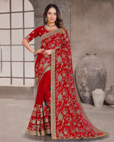 Milano Red Designer Fancy Chiffon Saree With Zari-Embroidery-Diamond Work And Cut Work Border