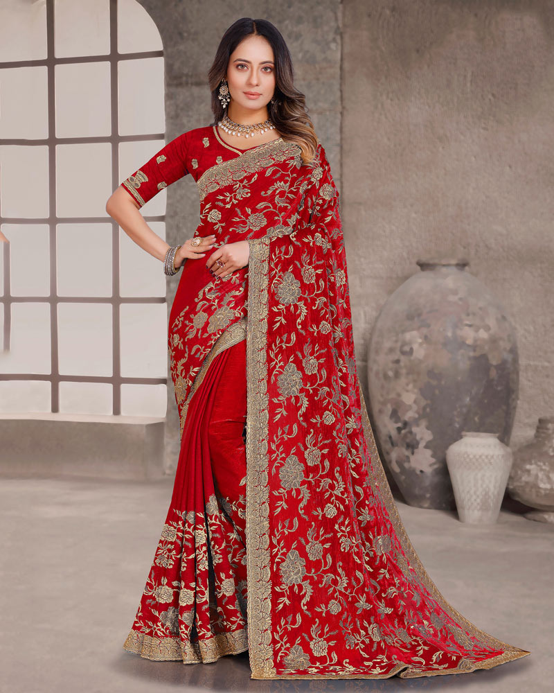 Milano Red Designer Fancy Chiffon Saree With Zari-Embroidery-Diamond Work And Cut Work Border
