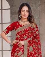 Milano Red Designer Fancy Chiffon Saree With Zari-Embroidery-Diamond Work And Cut Work Border