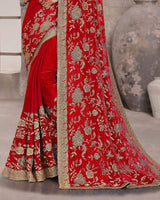Milano Red Designer Fancy Chiffon Saree With Zari-Embroidery-Diamond Work And Cut Work Border