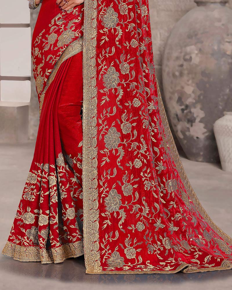 Milano Red Designer Fancy Chiffon Saree With Zari-Embroidery-Diamond Work And Cut Work Border