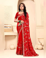 Scarlet Red Designer Fancy Satin Saree With Zari-Embroidery-Diamond Work And Cut Work Border