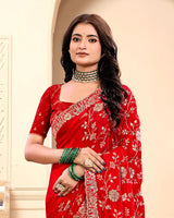 Scarlet Red Designer Fancy Satin Saree With Zari-Embroidery-Diamond Work And Cut Work Border