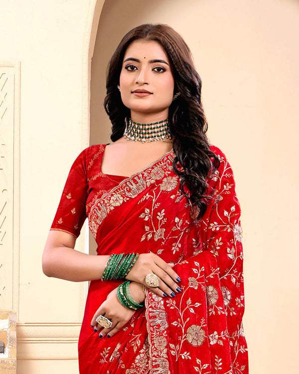Scarlet Red Designer Fancy Satin Saree With Zari-Embroidery-Diamond Work And Cut Work Border