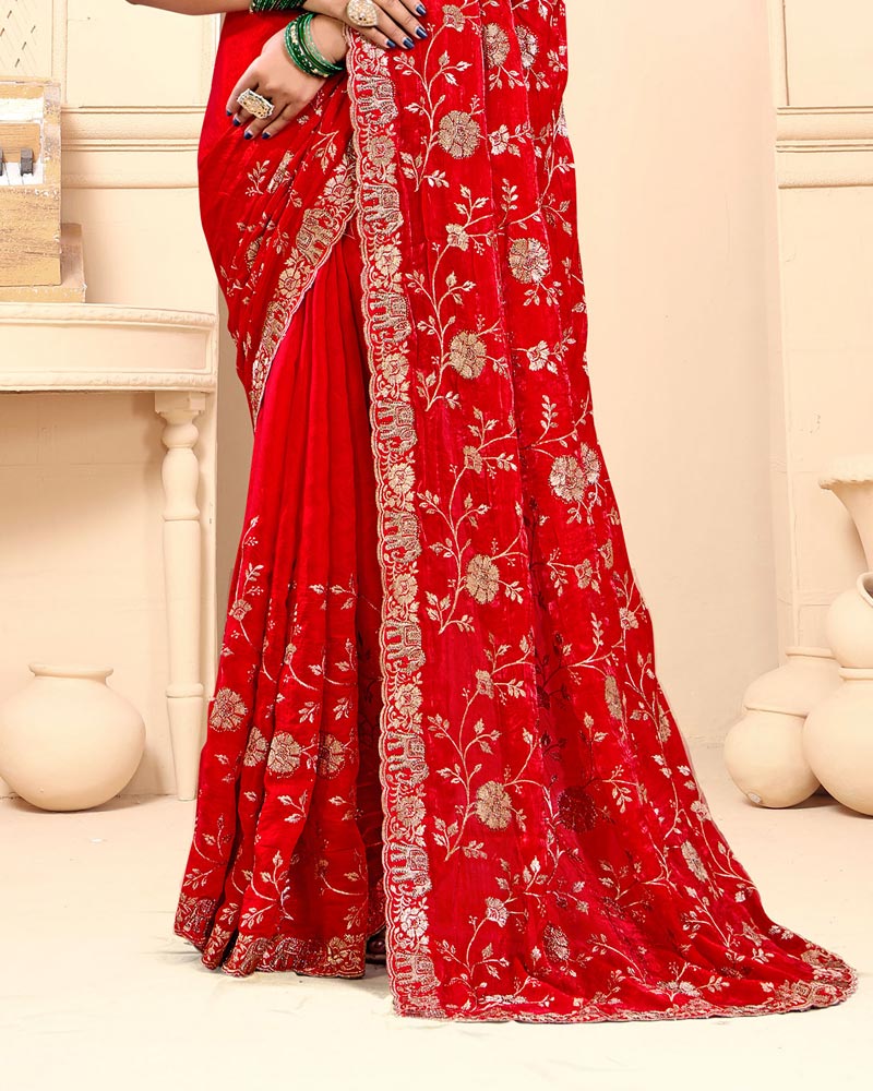 Scarlet Red Designer Fancy Satin Saree With Zari-Embroidery-Diamond Work And Cut Work Border