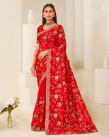 Lava Red Designer Fancy Satin Saree With Zari-Embroidery-Diamond Work And Cut Work Border