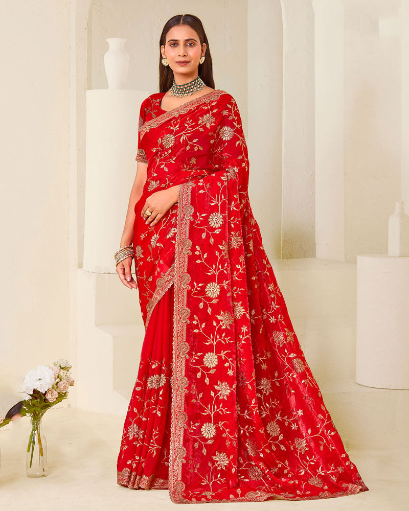 Lava Red Designer Fancy Satin Saree With Zari-Embroidery-Diamond Work And Cut Work Border