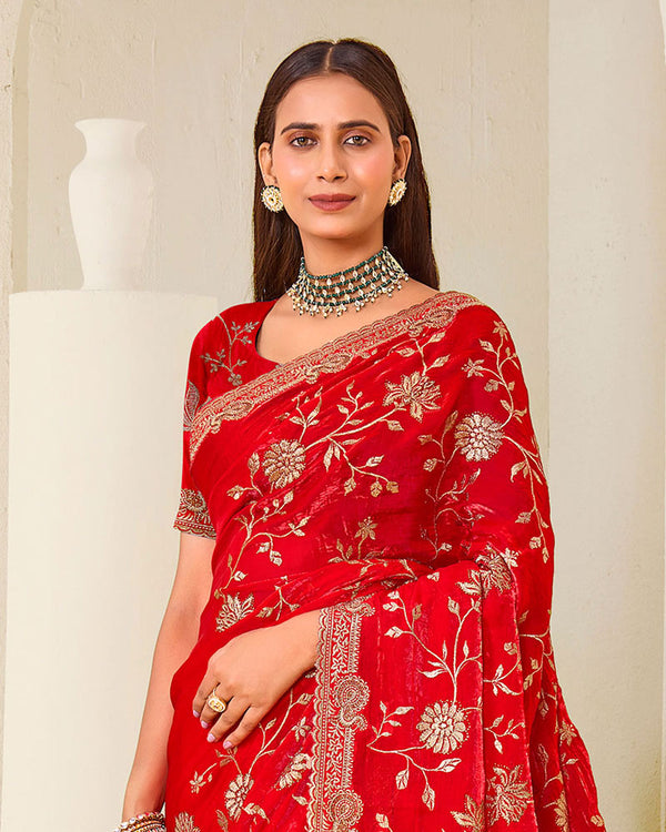 Lava Red Designer Fancy Satin Saree With Zari-Embroidery-Diamond Work And Cut Work Border