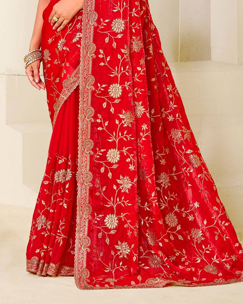 Lava Red Designer Fancy Satin Saree With Zari-Embroidery-Diamond Work And Cut Work Border