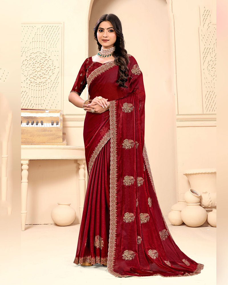 Vivid Burgundy Designer Fancy Chiffon Saree With Zari-Embroidery-Diamond Work And Cut Work Border