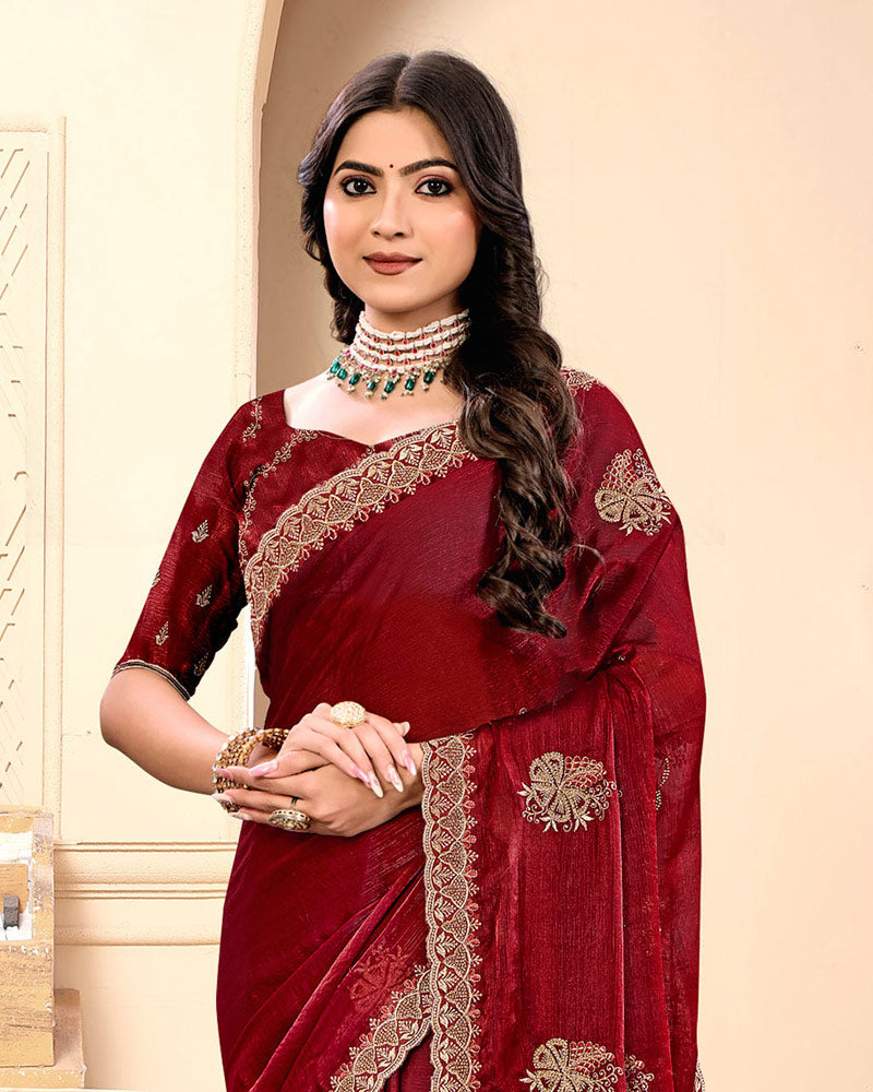 Vivid Burgundy Designer Fancy Chiffon Saree With Zari-Embroidery-Diamond Work And Cut Work Border