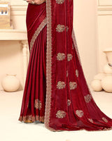 Vivid Burgundy Designer Fancy Chiffon Saree With Zari-Embroidery-Diamond Work And Cut Work Border