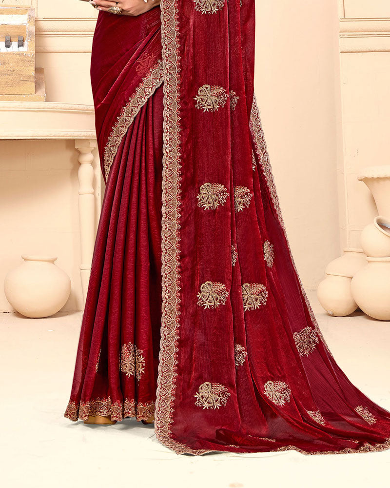 Vivid Burgundy Designer Fancy Chiffon Saree With Zari-Embroidery-Diamond Work And Cut Work Border