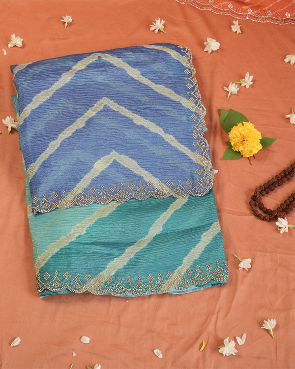 Teal Green And Pastel Blue Designer Crushed Tissue Bandhani Print Saree With Diamond Work And Cut Work Border