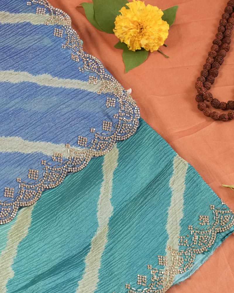 Teal Green And Pastel Blue Designer Crushed Tissue Bandhani Print Saree With Diamond Work And Cut Work Border
