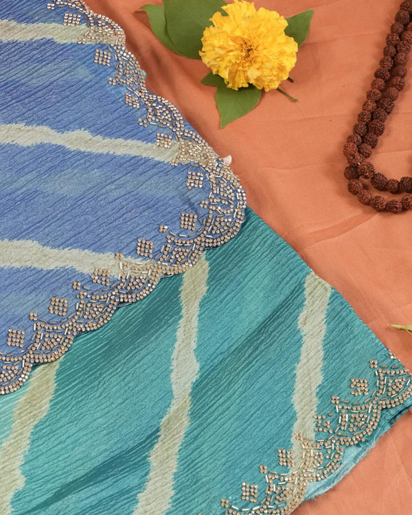 Teal Green And Pastel Blue Designer Crushed Tissue Bandhani Print Saree With Diamond Work And Cut Work Border