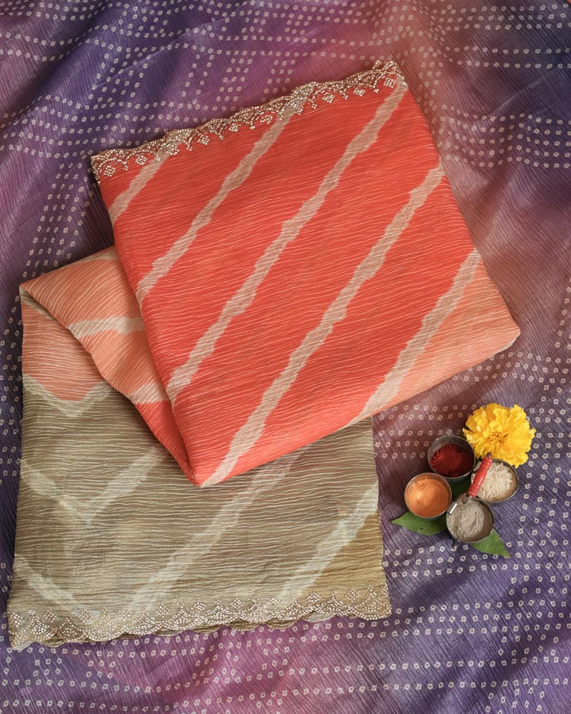 Dark Pastel Orange Designer Crushed Tissue Bandhani Print Saree With Diamond Work And Cut Work Border
