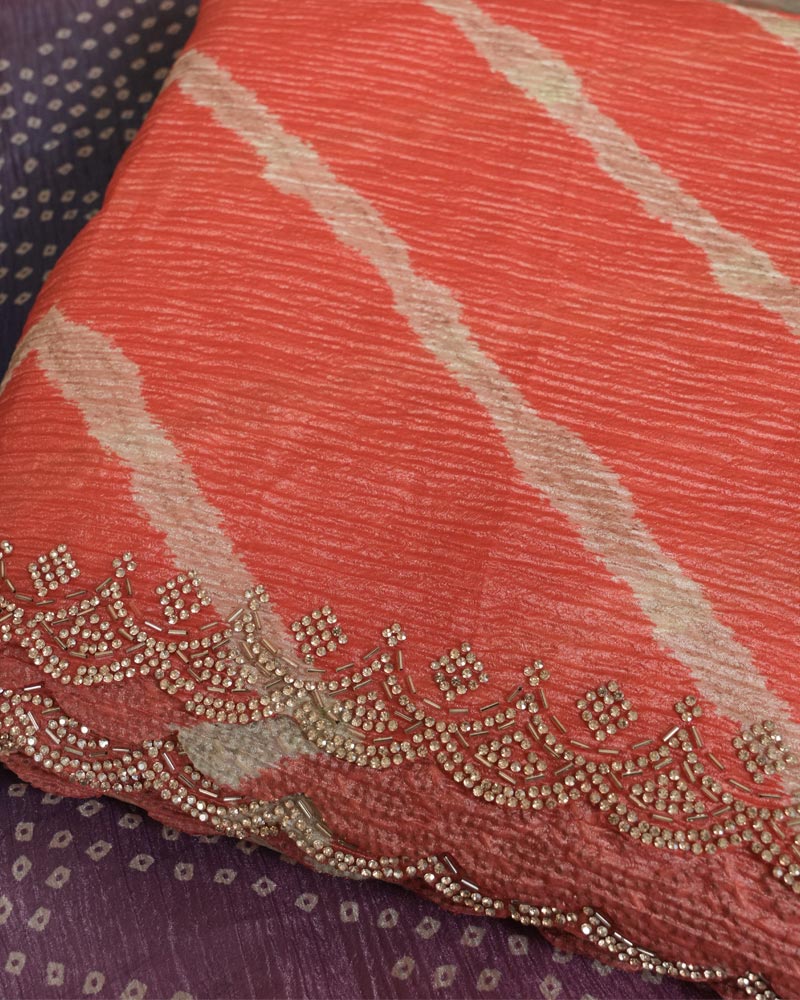 Dark Pastel Orange Designer Crushed Tissue Bandhani Print Saree With Diamond Work And Cut Work Border