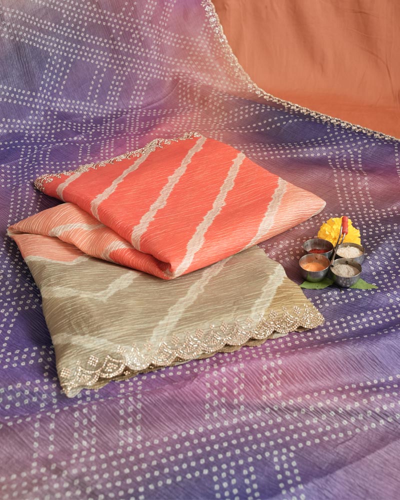 Dark Pastel Orange Designer Crushed Tissue Bandhani Print Saree With Diamond Work And Cut Work Border