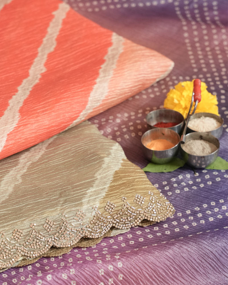 Dark Pastel Orange Designer Crushed Tissue Bandhani Print Saree With Diamond Work And Cut Work Border