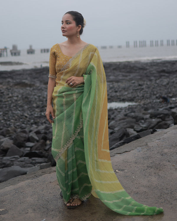 Dark Sage Green Designer Crushed Tissue Bandhani Print Saree With Diamond Work And Cut Work Border