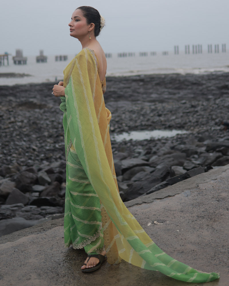 Dark Sage Green Designer Crushed Tissue Bandhani Print Saree With Diamond Work And Cut Work Border
