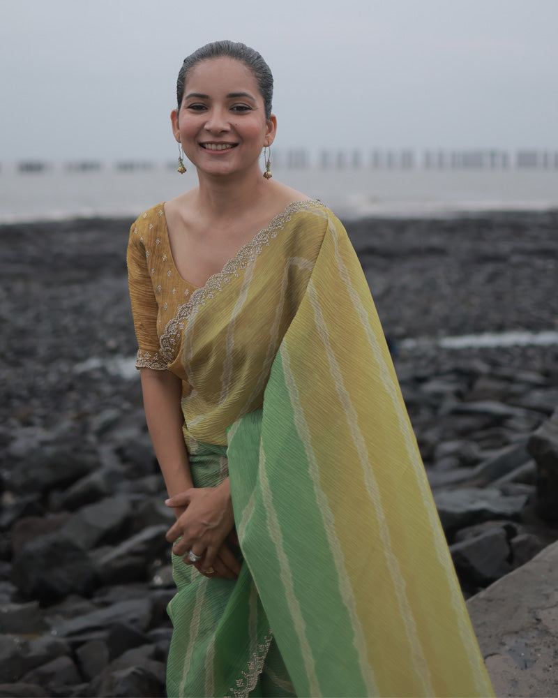 Dark Sage Green Designer Crushed Tissue Bandhani Print Saree With Diamond Work And Cut Work Border