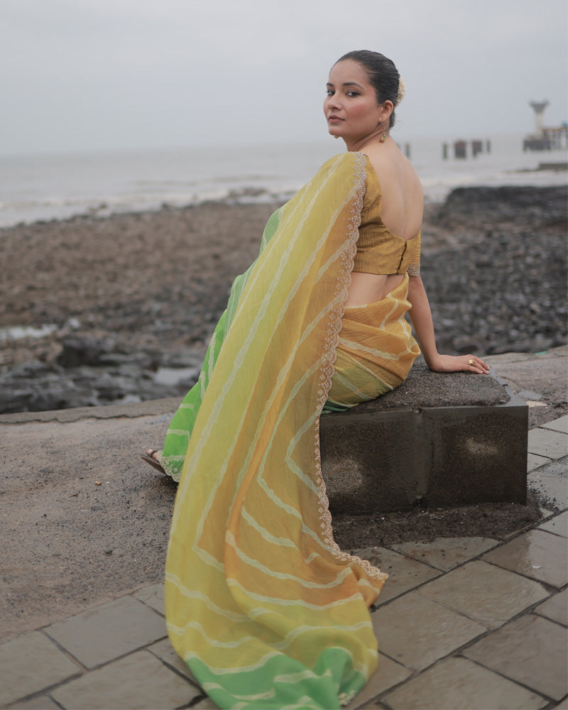 Dark Sage Green Designer Crushed Tissue Bandhani Print Saree With Diamond Work And Cut Work Border