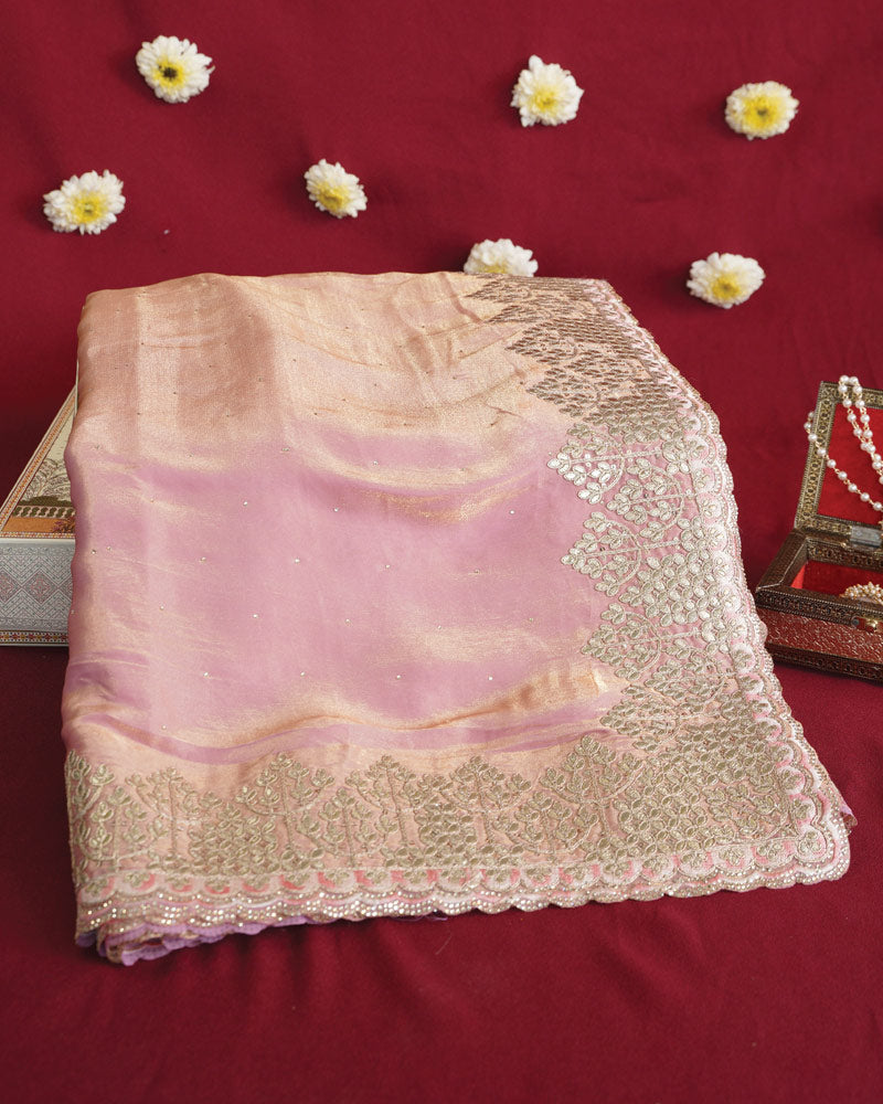 Vishal Prints Baby Pink Designer Fancy Satin Saree With Embroidery-Diamond Work And Cut Work Border